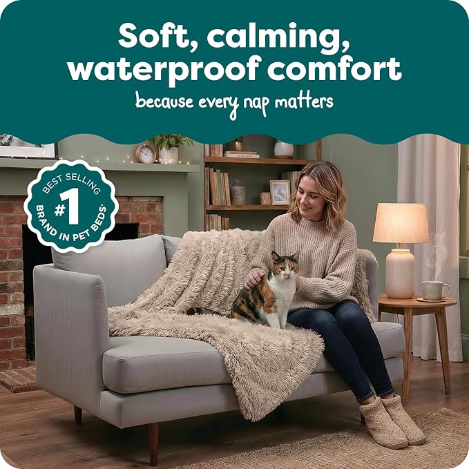 Furhaven Waterproof Throw Blanket for Dogs & Indoor Cats, Washable - Shaggy Plush Calming Long Faux Fur & Velvet Dog Blanket - Taupe, Medium