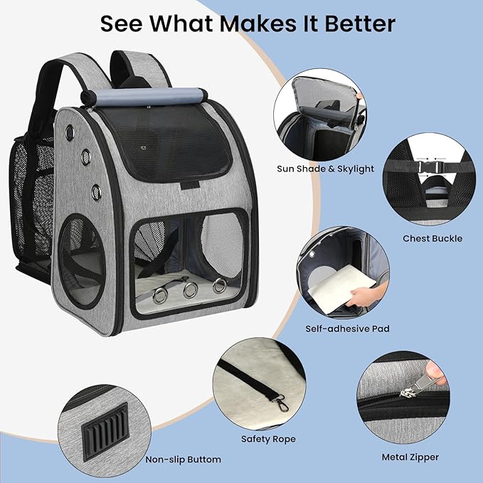 Expandable Pet Carrier Backpack for Cats, Dogs and Small Animals, Portable Pet Travel Carrier, Super Ventilated Design, Airline Approved, Ideal for Traveling/Hiking/Camping, Grey, XL
