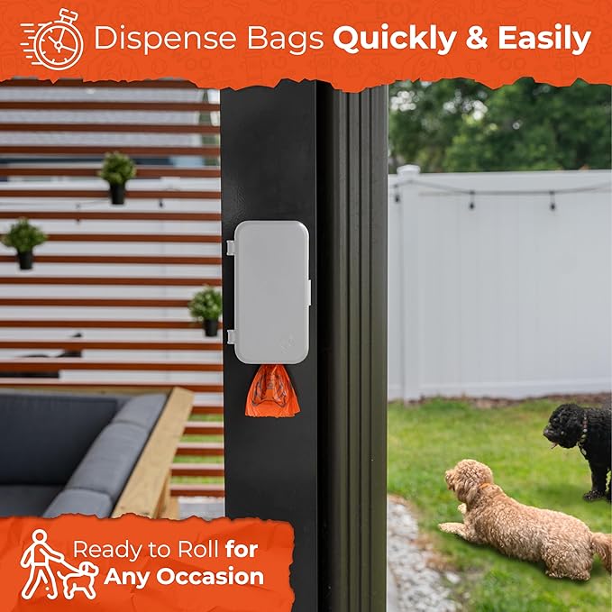 Dog Poop Bag Dispenser - Outdoor or Indoor Pet Waste Bag Dispenser Station - Stick-On or Screw-On Wall Mount - Poop Bags Storage Outdoor Container - Includes 4 Doggie Bag Rolls (Gray)