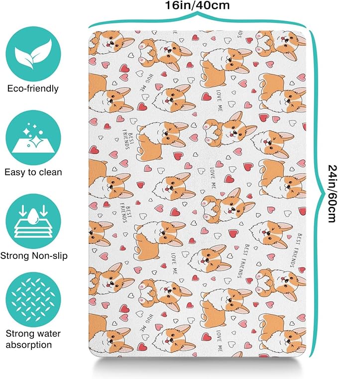 Corgi Dog Food & Water Mat, Pet Feeding Mat for Floor Non-Slip Waterproof, Super Absorbent Cat Bowl Mat, Easy to Clean Eco-Friendly Durable Pet Placemat,16" × 24"