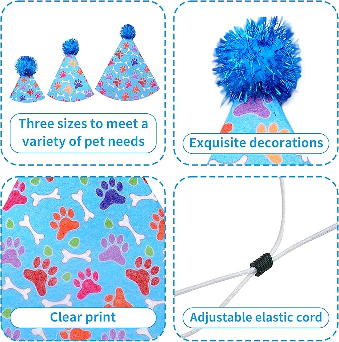 6pcs Dog Birthday Party Hats Felt for Large XL XXL Giant Breed Dogs Paw Bone Print with Pompons for Holiday Birthday Wedding Costume Head Wear Accessories