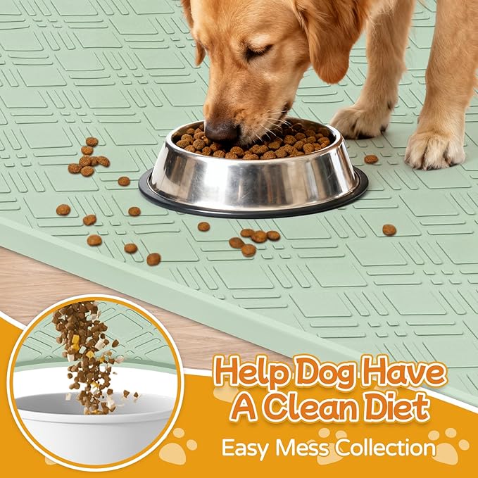 Lanstics Dog Food Mat, 42" x29" Large Silicone Mat Dog Feeding Mat with Raised Edge Non-Slip Pet Feeding Mat for Food and Water Bowl, Easy to Clean, Floor Protection (Light Green)