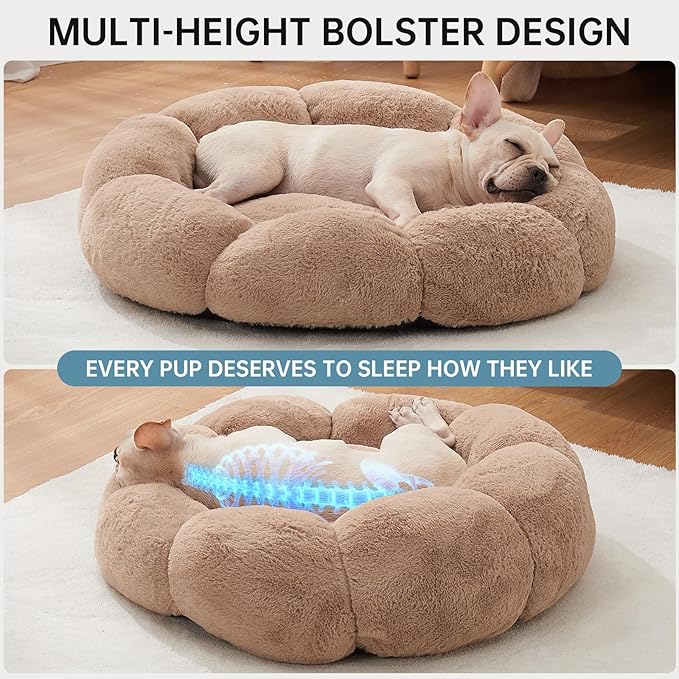 OhGeni 27 inches Calming Donut Dog & Cat Bed for Medium Pets, Warming Comfort Fluffy Short Pile Fur, Durable Machine Washable, Cute Round Bed for Puppy and Kitten, Camel