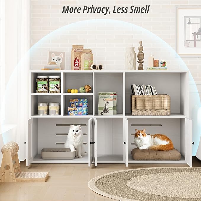 IRONCK Cat Litter Box Enclosure for 2 Cats, Litter Box Furniture Hidden with Double Room and Large Storage Space, Wooden Washroom Furniture, Cat House, White