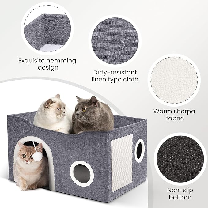 Heeyoo Cat House for Indoor Cats - Large Cat Bed Cave with Fluffy Ball and Scratch Pad, Foldable Cats Houses & Condos, Cat Hideaway, Covered Kitty Bed for Multi Small Large Kitty, 23.8x15.9x13.2 Inch