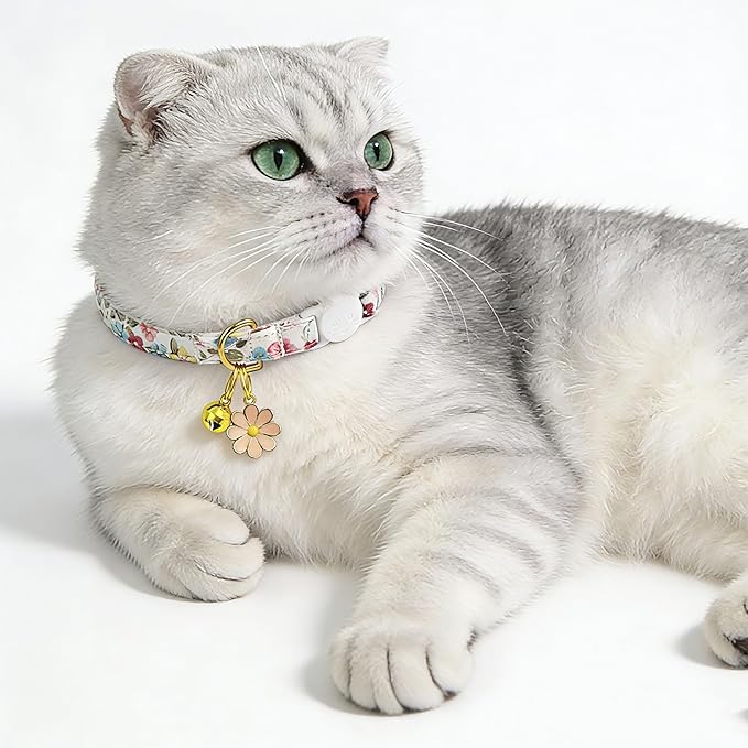 2 Pack Cotton Breakaway Cat Collars Set with Bell and Flower Pendant, Cute Floral Fruit Patterned, Adjustable 7.5-11Inch, Include A Mouse Toy Gift (Vintage+ Small Pink Flower)