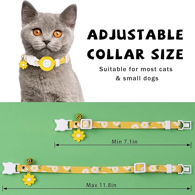 Airtag Cat Collar, JXFUKAL Kitten Collar Breakaway with Silicone Airtag Holder, Bells & Flower Charm for Girl Cats Boy Cats Small Dogs(Yellow)