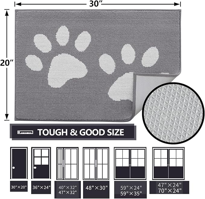 Buganda Dog Door Mat for Muddy Paws, Absorbent Dirt Trapper Washable Indoor Doormats, Non Slip Low-Profile Mud Mat for Dogs, Front Entrance Doormat for Inside Floor (47x24 Inches, Light Grey)