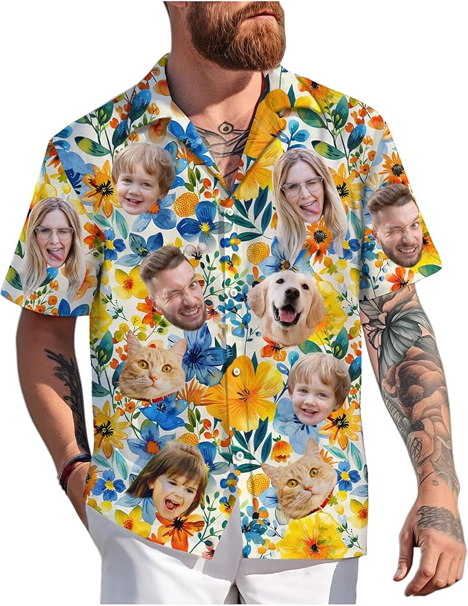 Custom Hawaiian Shirt with Face Photo Picture for Men Women Kids Youth Adult, Tropical Personalized Hawaiian Shirts Gift