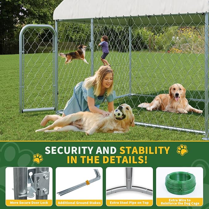 LotFun Large Outdoor Dog Kennel, 6.6 x 6.6 FT Heavy Duty Dog Enclosure with Chain Link Fence, UV-Resistant Canopy Cover, Double Lock Security (6 x 6 x 5 in)