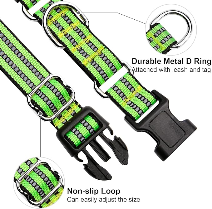 Martingale Dog Collar, Adjustable Nylon Reflective Collar with Buckle No Pull Dog Collar for Small Medium Large Dogs (Lime Green Large)