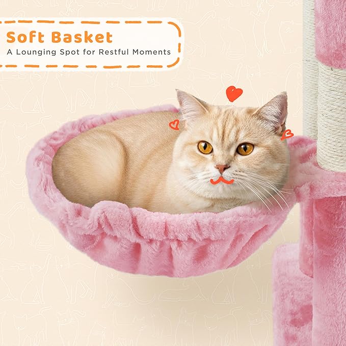 Yaheetech Cat Tree, 82.5in Super Tall Tower w/Cute Top Perches, Scratching Posts, 2-in-1 Ramps, Cozy Basket, Extra Large Condo for Indoor Kittens, Pink