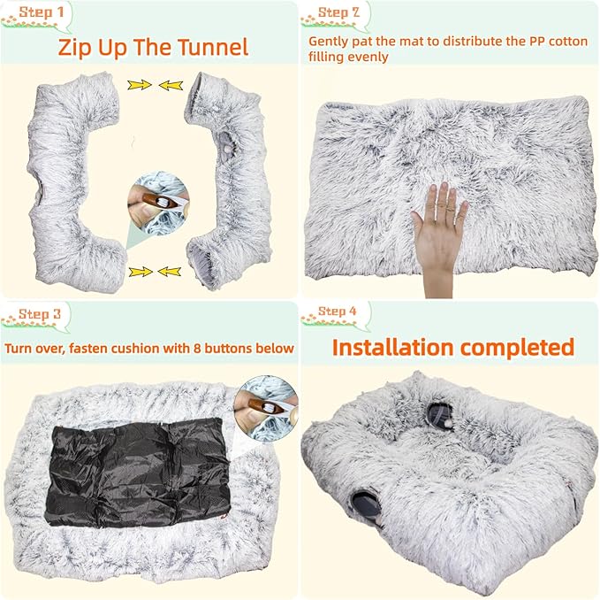 XxingSheep 4 Cave Shuttled XL Cat Tunnel Bed for Indoor Cats Peekaboo Toy Donut with Warm Mat, White