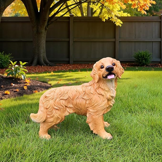 Golden Retriever Statue Outdoor Decorations – Outdoor Dog Statue Standing Golden Retriever with Removable Solar Light & Welcome Sign for Patio Décor