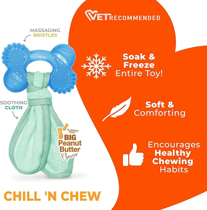 Nylabone Freezer Bone Puppy Chew Toy, Soothing Teething Toys for Puppies, Rubber & Terry Cloth, Peanut Butter Flavor, Small Dogs - Up to 25 lbs., 1 Count