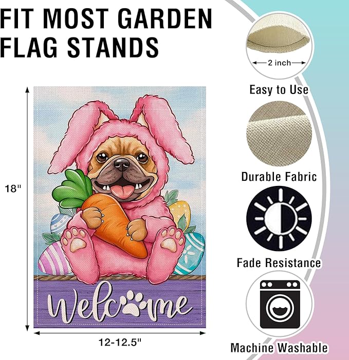 Artofy Welcome Easter Bunny Dog Small Decorative Garden Flag, French Bulldog Rabbit Yard Lawn Outside Decor Pet Lover Gift, Spring Carrot Egg Farm Burlap Outdoor Home Decoration Double Sided 12 x 18