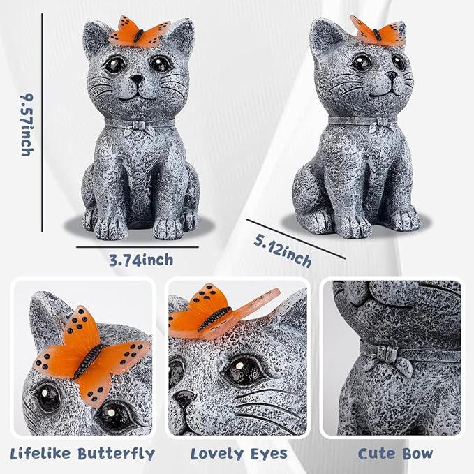 Solar Cat Garden Statues Outdoor Decor with Butterfly for Waterproof Yard Lawn Patio Balcony Porch Home Decor, for Mom Grandma Women Housewarming