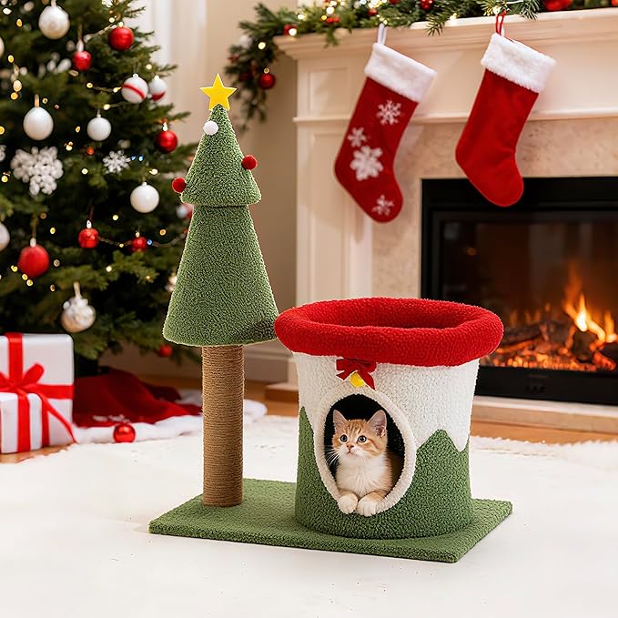 COSIEST 30in Christmas Cat Tree for Kittens, Kitty Condo with Top Perch, Small Cat Tree House with Sisal Scratching Posts, Cat Safe Christmas Tree Tower for Indoor Cats, Activity Center, Red & Green