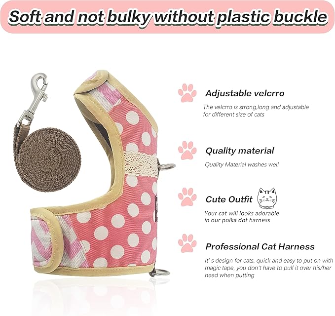 Cat Harness and Leash for Walking Escape Proof, Adjustable Cat Vest Harness, Padded Stylish Cat Walking Jackets, Polka Dot Pink, X-Small