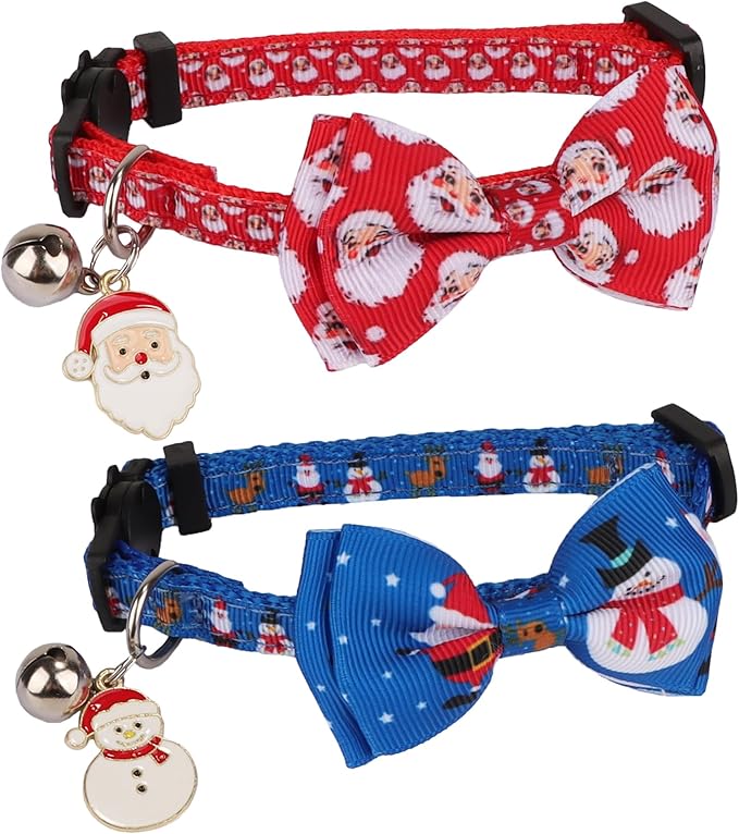 ADOGGYGO Christmas Cat Collar with Bowtie Bell, Removable Kitten Bow, 2 Pack Red Green Santa Snowman Christmas Collars for Cat Kitten