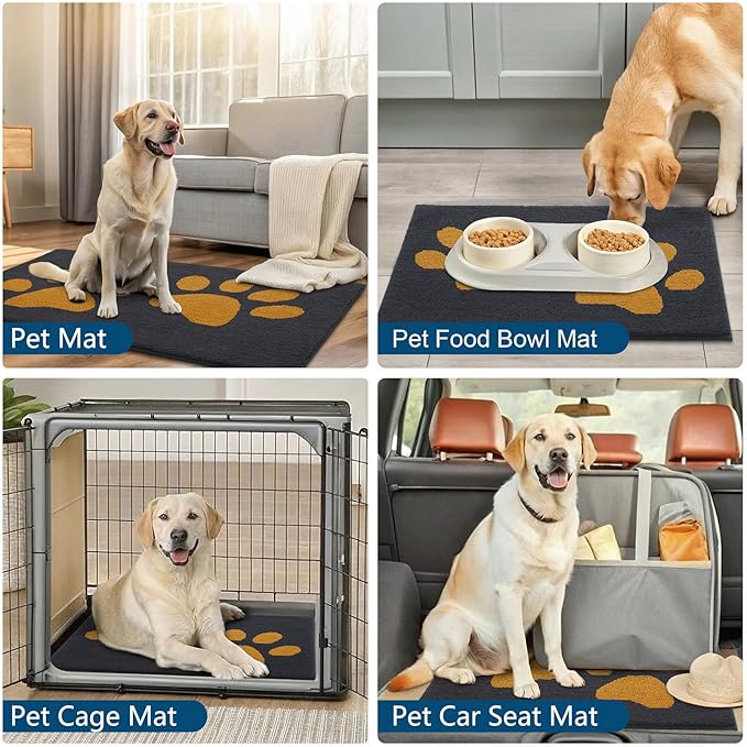 Buganda Dog Door Mat for Muddy Paws, Absorbent Dirt Trapper Washable Indoor Doormats, Non Slip Low-Profile Mud Mat for Dogs, Front Entrance Doormat for Inside Floor (30x20Inches,Dark Grey and Yellow)