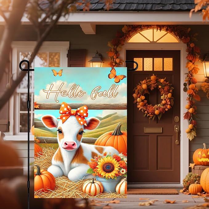Hello Fall Garden Flag Cute Calf Cow Flag 12x18 Inch Polka Dot Bow Hay Pumpkins Sunflowers Double Sided Outdoor Banner For Front Yard Porch Lawn Patio Seasonal Home Decor Rustic Autumn