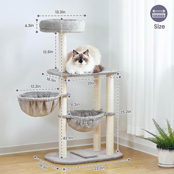 Small Cat Tree Tower with Lots of Scratching Posts - 42 Inch Medium Compact Cats Scratch House with Hammock Perch for Multi Level 2 Kitty - Indoor Corner Cat Bed Condo Climbing Gym Towers Furniture
