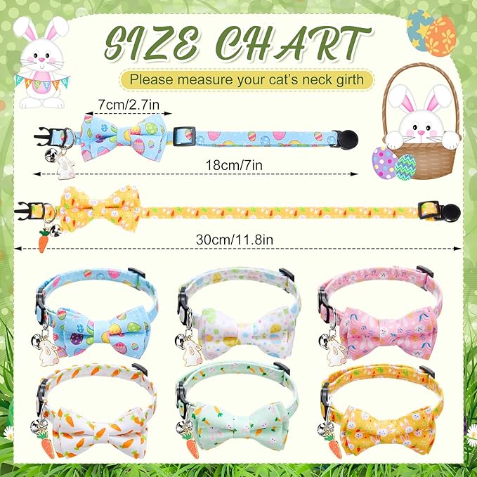 Hsei 6 Pcs Easter Cat Collar Bulk with Bow Tie Bell Spring Easter Eggs Carrots Bunny Rabbit Kitten Adjustable Breakaway Bowtie Collar for Boy Girl Cats Small Dog Pet Holiday Party Favors Gifts