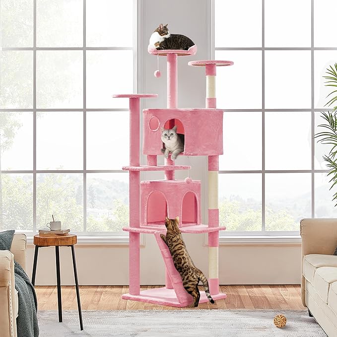 Yaheetech XL Cat Tree, 80in Multi-Level Cat Tower w/Scratching Posts, Double Condo, Perched Platforms and Dangling Balls, Pet Activity Center for Kittens, Pink