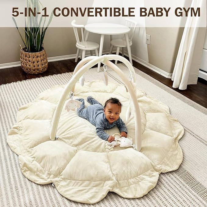 Little Dove 5-in-1 Convertible Baby Play Gym with 6 Toys, Tummy Time Mat for Sensory Development, Baby Activity Center for Newborn & Toddler, Ball Pit, Soft Pet Mat, No Ball Included Cream