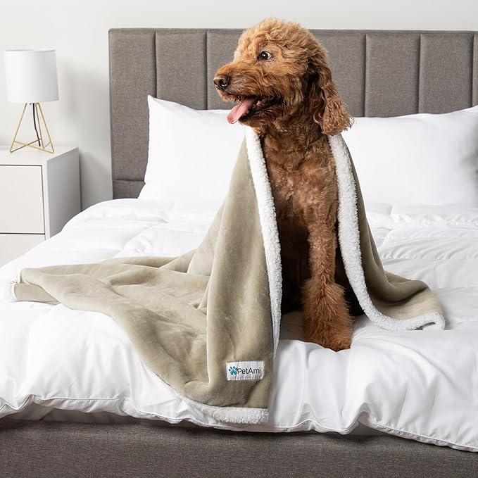 PetAmi Waterproof Dog Blanket for Medium Large XL Dog Puppy Cat Throw for Couch Cover Leakproof Protection, Sherpa Fleece, Reversible Soft Washable 80x60 Taupe