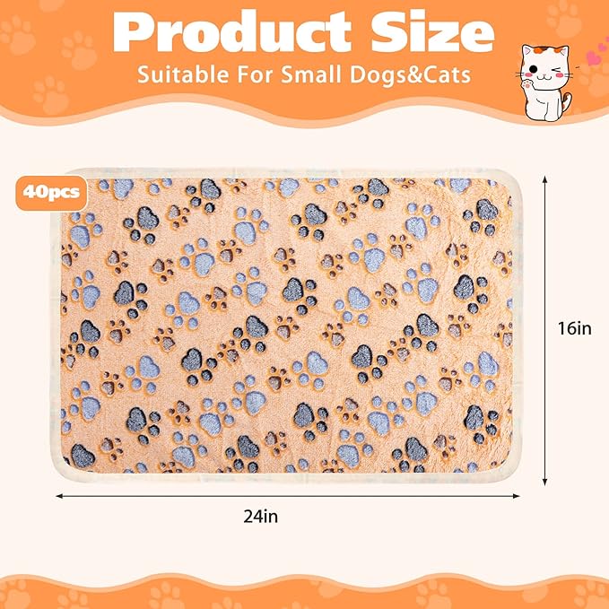Chumia 40 Pcs Blankets Soft Fluffy Fleece Washable Pet Dog Sleep mat Paw Print Pattern Fleece Blankets for Pets Throw Warm Bed Mat for Dog Puppy Cat (24 x 16 Inch,Pink, White, Brown, Purple)