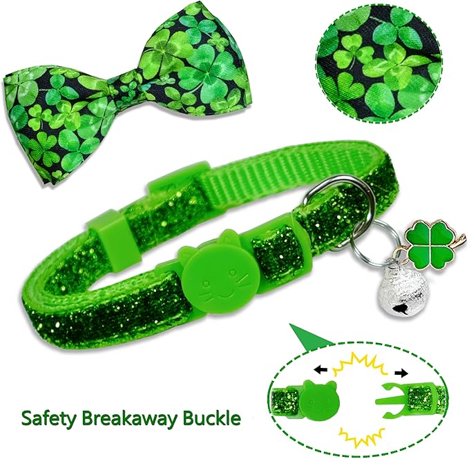 2 Pack St. Patrick's Day Irish Cat Collar with Bow Tie, Holiday Shamrock Clover Collar for Boys and Girls Male Female Kitty Kittens