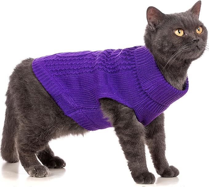 Stretchy Cat Sweater - 17 Colors & 6 Sizes | Snug Winter-Ready Knit for Boy/Girl Cats & Kittens(Deep Purple, Small)