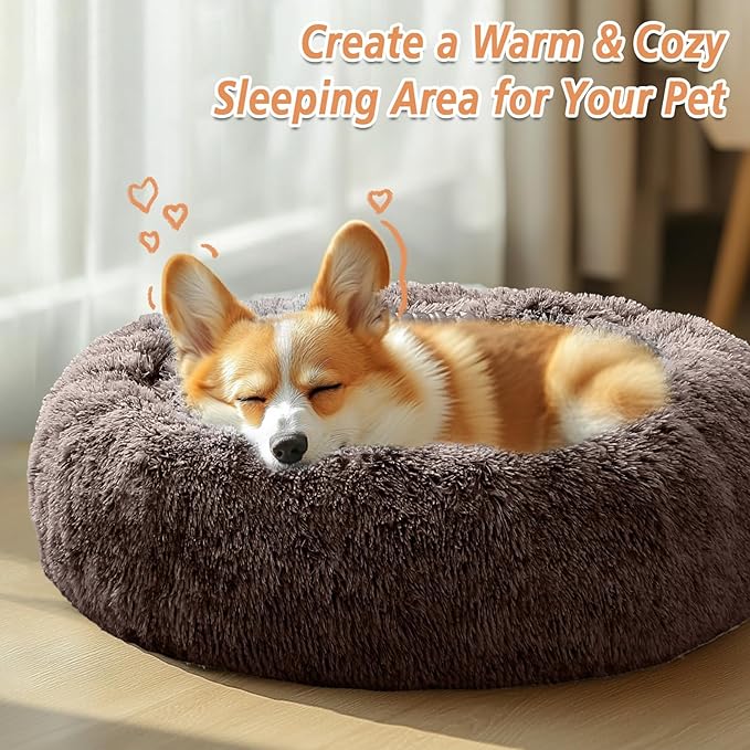 JOLLYVOGUE Calming Small Dog & Cat Bed for Indoor Cats - 20 inches Washable Donut Bed for Kittens & Puppies, Anti-Anxiety Round Fluffy Plush Pet Beds (Fits up to 15 lbs)