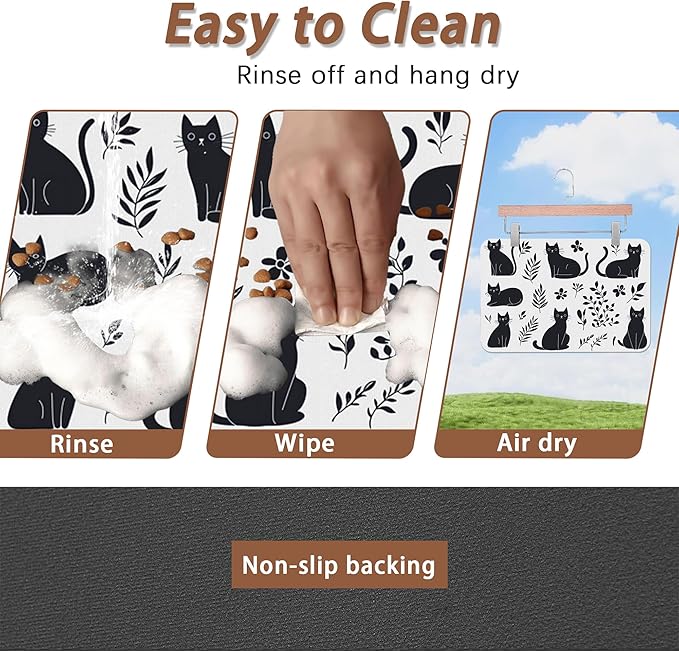Cute Black Flower Dog Cat Food Mat,Absorbent Pet Feeding Mat with Rubber Backing,Non-Slip Water Bowl Placemat,Indoor Pet Accessories Supplies 16"x24"