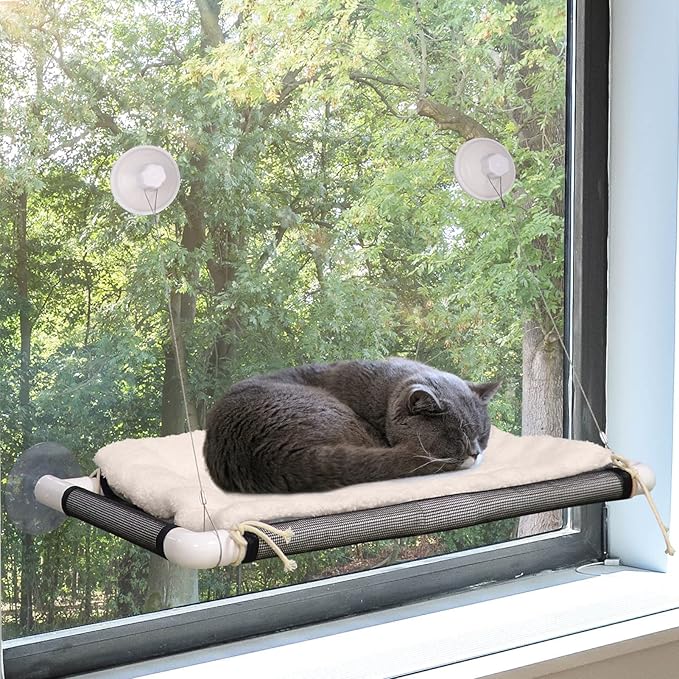 ZALALOVA Cat Perch, Cat Window Seat Large Sturdy Bed Fleece Blanket 2025 Latest Screw Suction Cups Resting with Blanket(Brown)
