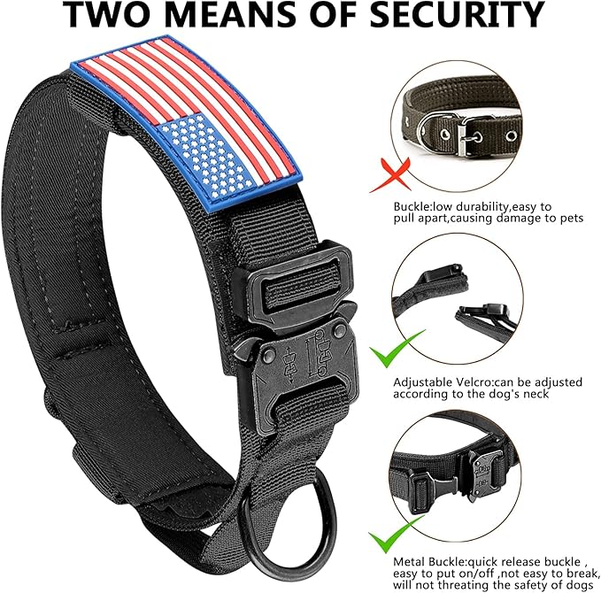 DAGANXI Tactical Dog Collar, Adjustable Military Training Nylon Dog Collar with Control Handle and Heavy Metal Buckle for Medium and Large Dogs, with Patches and Airtags Case (M, Black)
