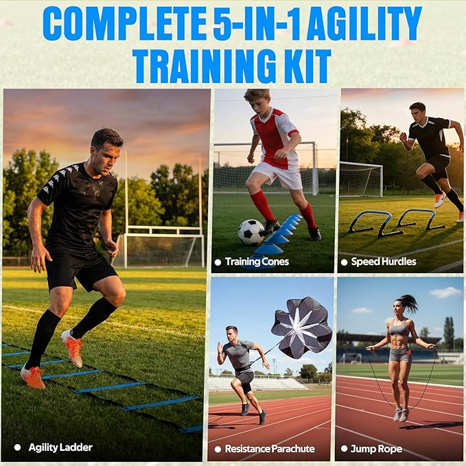 Agility Ladder, Soccer Football Training Equipment Set - 20ft Speed Ladder, 4 Hurdles,Parachute, 12 Cones & Jump Rope | Agility & Speed Training for Kids Youth Adults,Basketball & Football Accessories