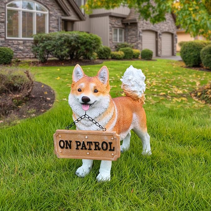 Akita Statue Outdoor Decorations – Dog Statues Outdoor Standing Yellow Akita with Replaceable Solar Light & Welcome Sign for Porch Décor