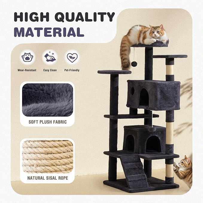 Cat Tree 54 Inch, Multi-Level Cat Tower with Condo, Perches, Sisal Scratching Posts and Climbing Ladder, Pet Play Toy Balls House for Indoor Cats
