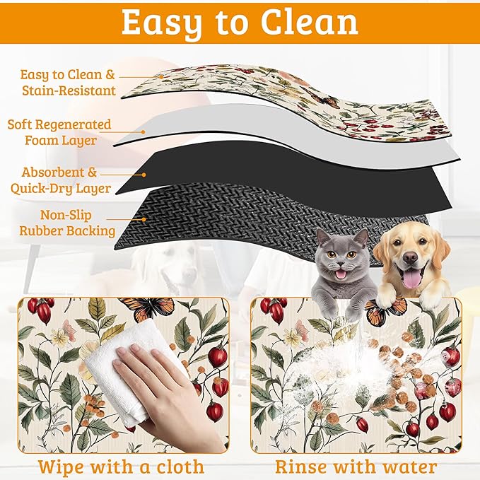 Butterfly Flower Dog Food Mat,Vintage Berry Absorbent Pet Feeding Mat for Food and Water Bowl,Quick Dry Dog Placemat Non Slip Rubber Backing Waterproof Pet Supplies 16" x 24"