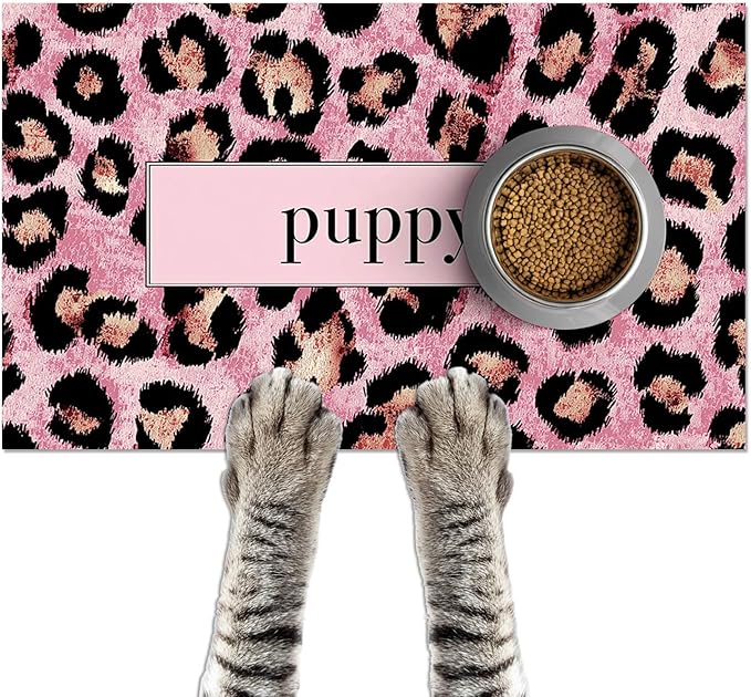 Puppy Feeding Mat 24x16 inch Pink Leopard Print Pet Bowl Placemat Non Slip Floor Mat for Food and Water Indoor Dog Feeding Station Cute Meal Pad for Small Pets Kitchen Use