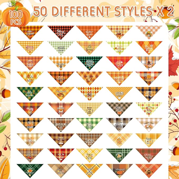 Sweetude 100 Pcs Fall Dog Bandanas Bulk Plaid Bandanas for Dog Autumn Thanksgiving Pet Scarf Bibs Adjustable Triangle Kerchief Grooming Supplies Pet Costume for Small Medium Large