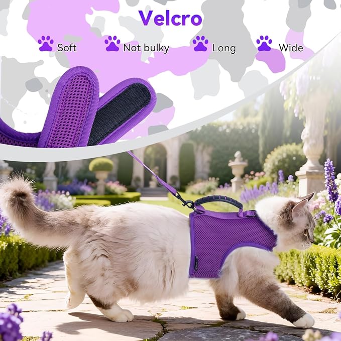 Cat Harness and Leash for Walking Escape Proof Breathable Mesh Fabric, Purple, Extra Large, Adjustable Cat Walking Jackets with Handle, Padded Stylish Cat Vest