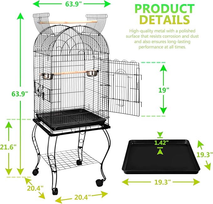 SUPER DEAL 63.5'' Rolling Bird Cage Large Wrought Iron Cage for Cockatiel Sun Conure Parakeet Finch Budgie Lovebird Canary Medium Pet House with Rolling Stand & Storage Shelf