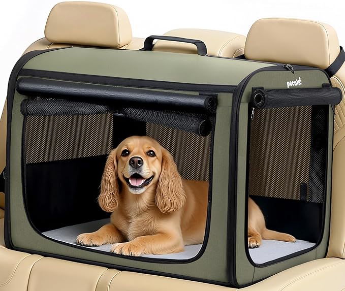 Large Dog Car Carrier Light Weight, 27×20.5×20.5ins Dog Carrier for Cars, Portable Dog Car Crate with Breathable Windows, Stable Pet Carrier for Both Indoor and Outdoor Use, Pet Travel Crate Green