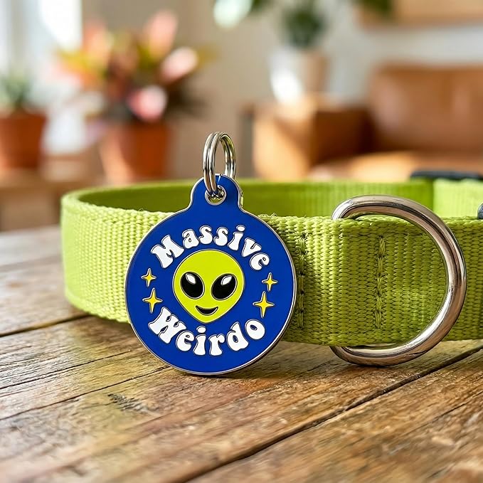 Bad Tags Personalized Dog and Cat ID Tags in 25+ Designs and 2 Sizes - 5 Lines of Custom Engraved Text - Funny Cute Personalized Pet Tags (Massive Weirdo, Large (1.25 inch))