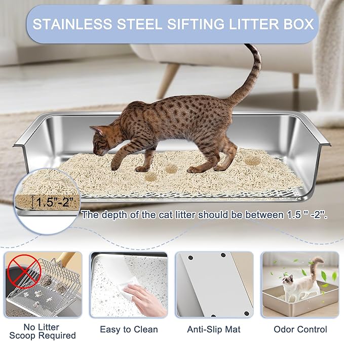 Teheao Stainless Steel Sifting Cat Litter Box for Clumping Litter, XL Extra Large Metal Sifter Tray Pan with Cat Litter Bag, Low Dust, Odor Control, Easy Cleaning (19.7"*13.8"*5.9")