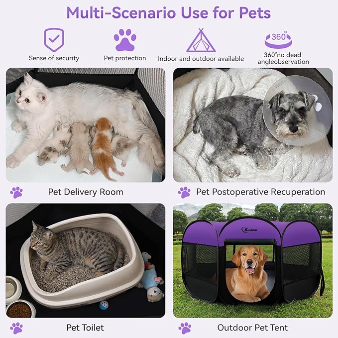 Large Dog Playpen, Puppy Pet Playpen Indoor, Dogs Tent Crates Cage Indoor/Outdoor, Portable Pop Up Dog Kennel Playpen with Carrying Case for Dogs/Cats/Rabbits, Purple